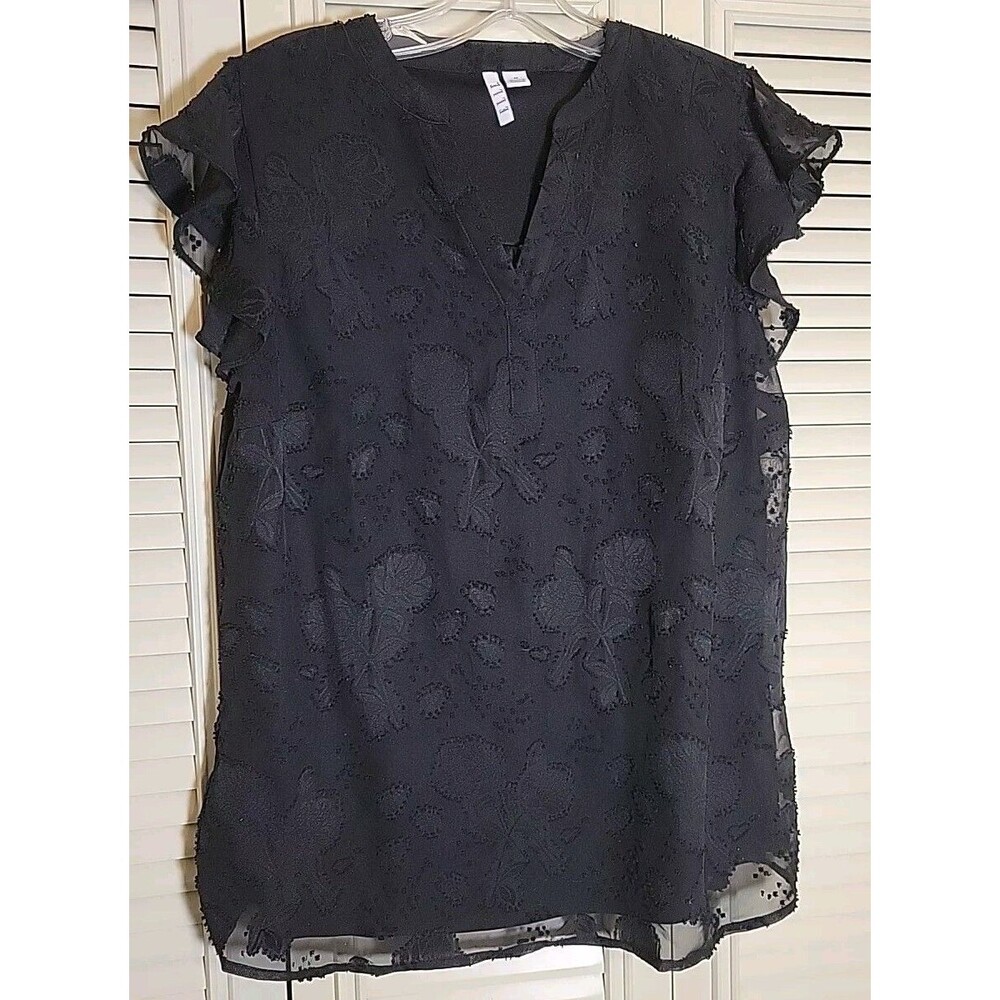 ELLE Black Sheer Over Black Shirt Blouse W/Floral Design Wm Sz Medium